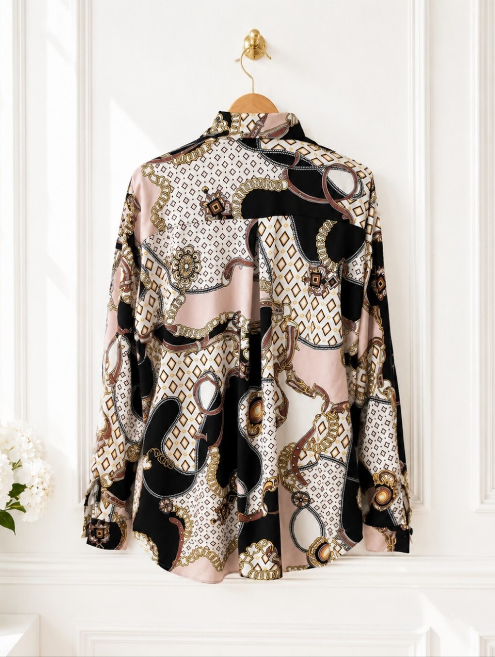 Chain Print Satin Button-Up Blouse Size 2XL Neutral Luxe Long Sleeve Top - Picture 6 of 8